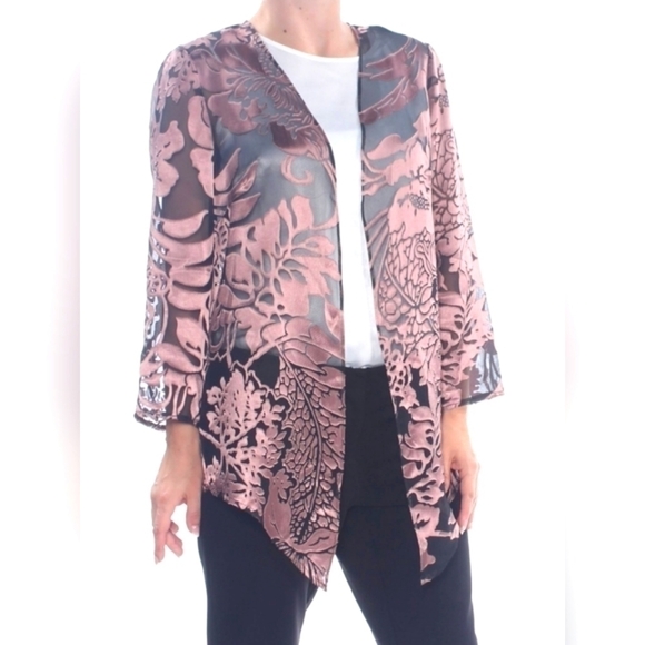 ALEX EVENINGS Womens Pink Black Floral Jacquard Top Sheer Cardigan Set Size L - Picture 5 of 14